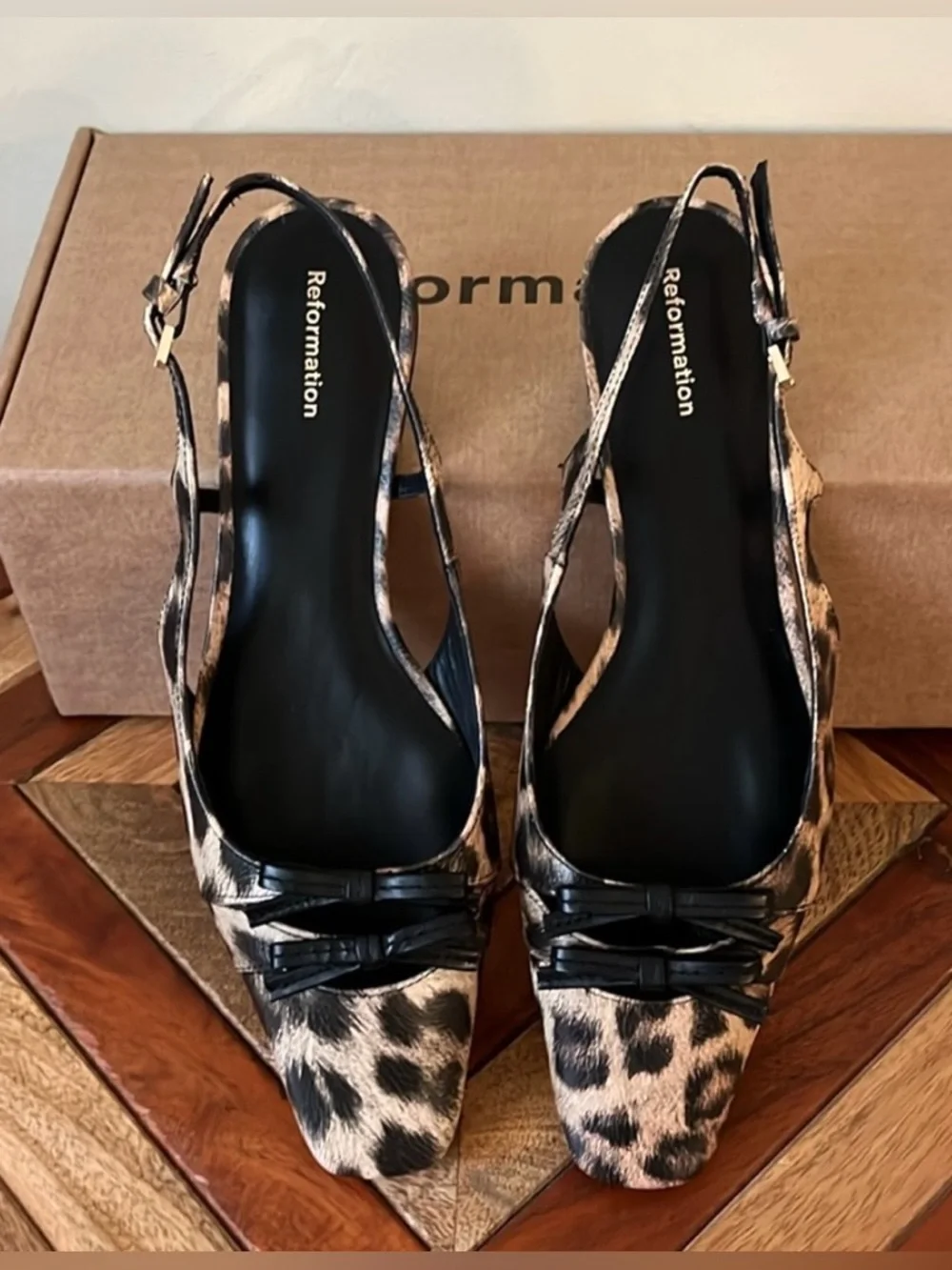 Reformation square toe, black and tan leopard print sling back flats NWOT SZ 8.5 - Picture 4 of 15